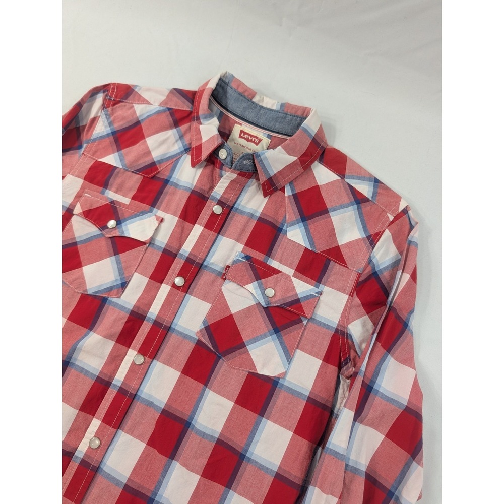 Levi Strauss Plaid Cotton Short Sleeve Shirt Pearl Snap Boys 12-13 Youth Large